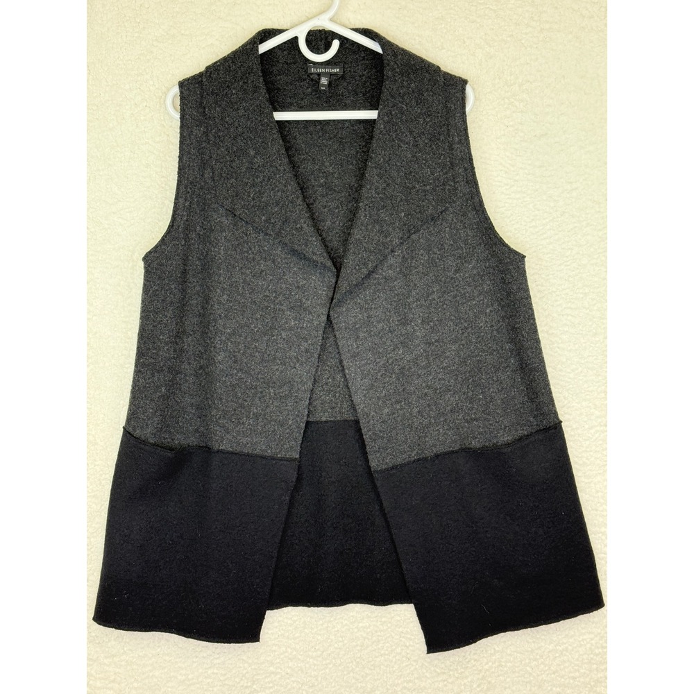 Eileen Fisher Wool Blend Colorblock Open Front Vest Charcoal Grey Black Small